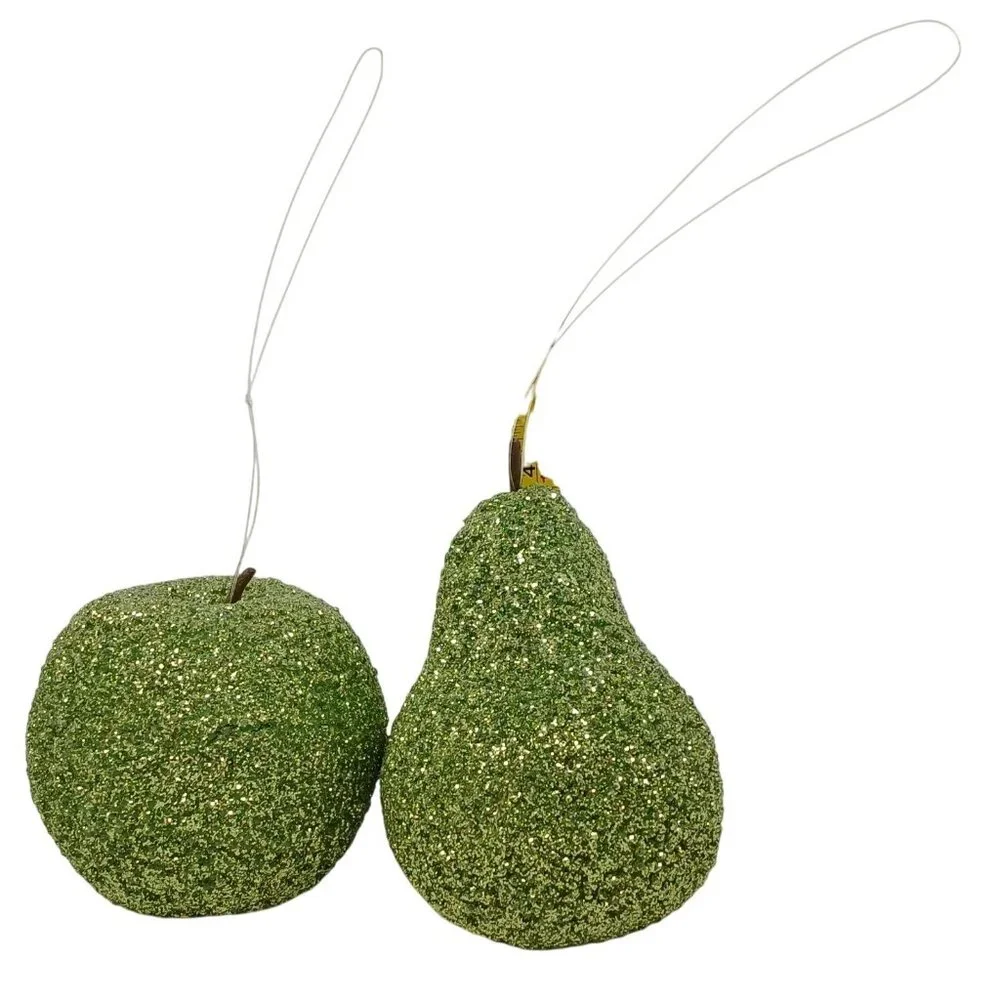 Sparkly Green Glitter Apple & Pear Ornament Set For Decor #D-13